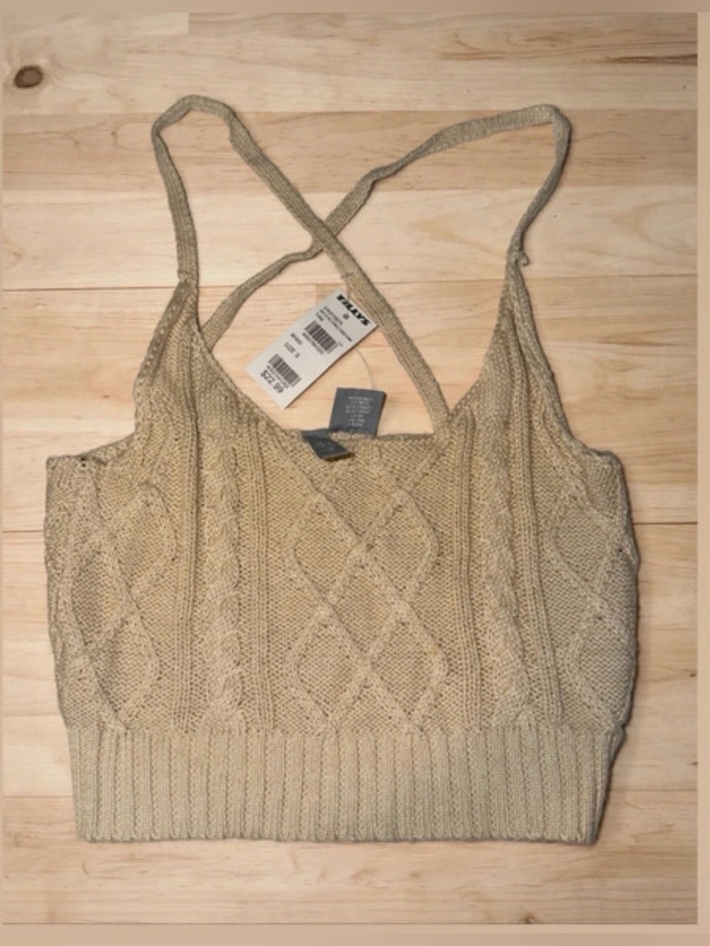 Sky & Sparrow Beige Cable Knit Cropped Tank Top with Crossback Straps